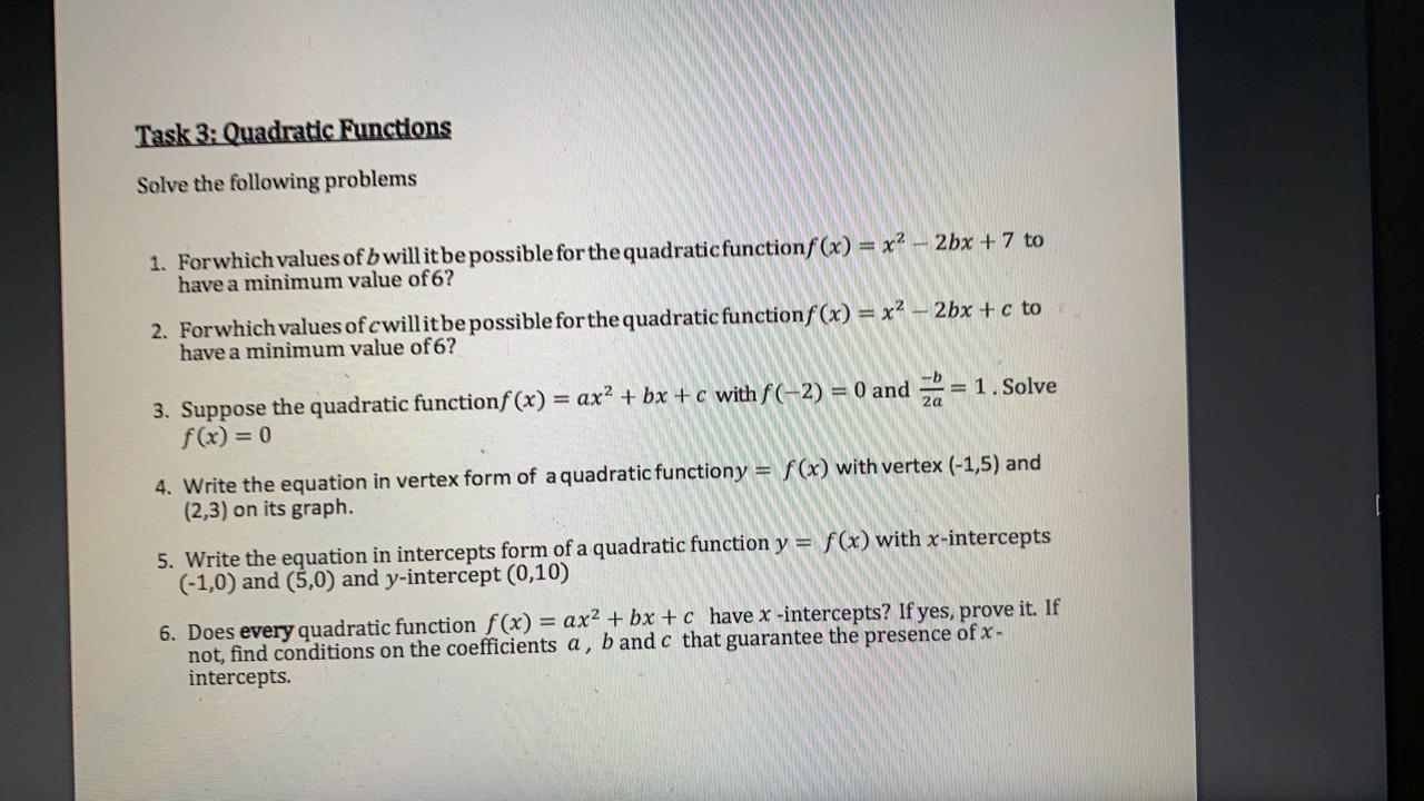Solved Task 3: Quadratic Functions Solve the following | Chegg.com