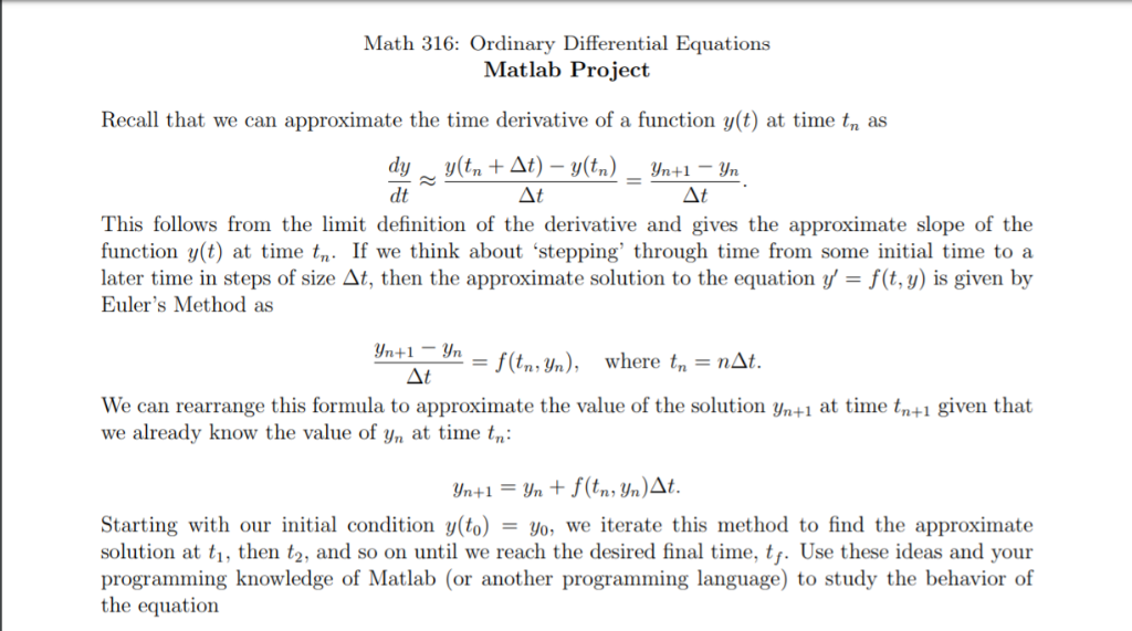 Solved Differential Equations Math 316: Ordinary Matlab | Chegg.com