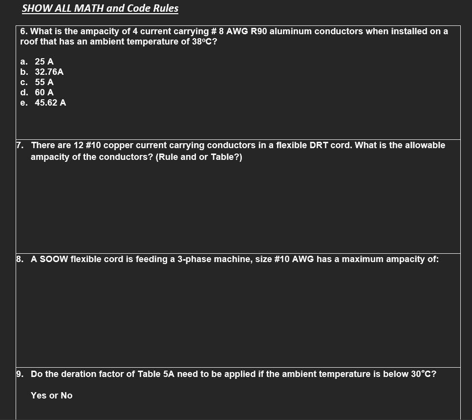 Solved SHOW ALL MATH and Code Rules 1: What is the ampacity | Chegg.com