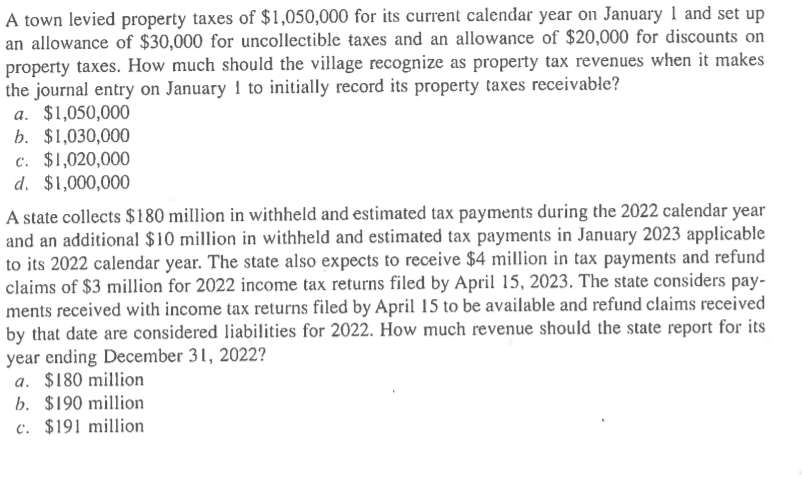 Solved A Town Levied Property Taxes Of $1,050,000 For Its | Chegg.com