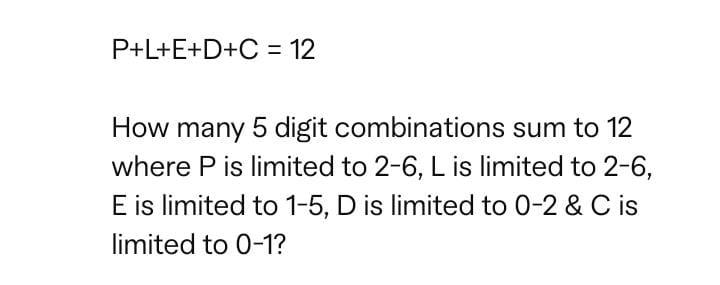 Solved P+L+E+D+C = 12 How many 5 digit combinations sum to | Chegg.com