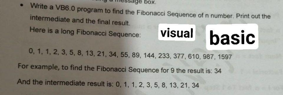 Solved box. Write a VB6.0 program to find the Fibonacci | Chegg.com