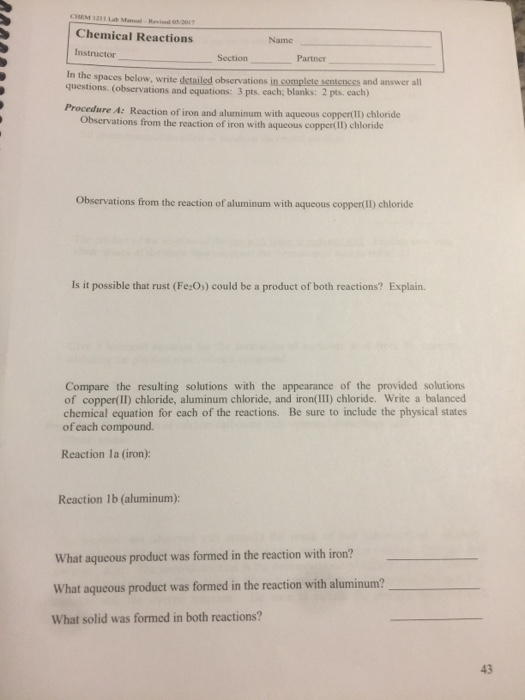 Solved: CHEM 121 Lab Mal Rvined 05/3017 Chemical Reactions... | Chegg.com