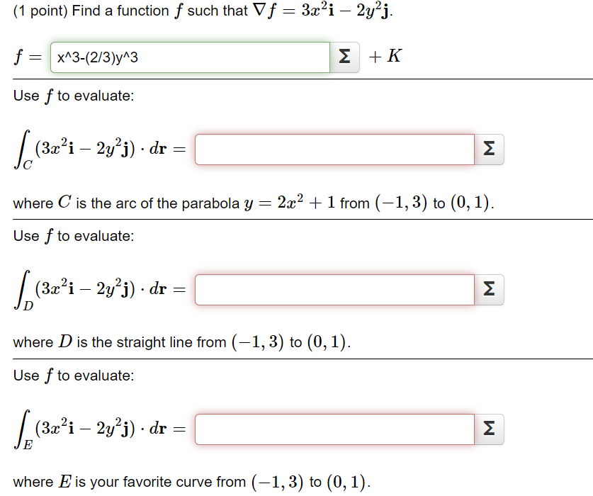 Solved (1 point) Find a function f such that ∇f=3x2i−2y2j | Chegg.com