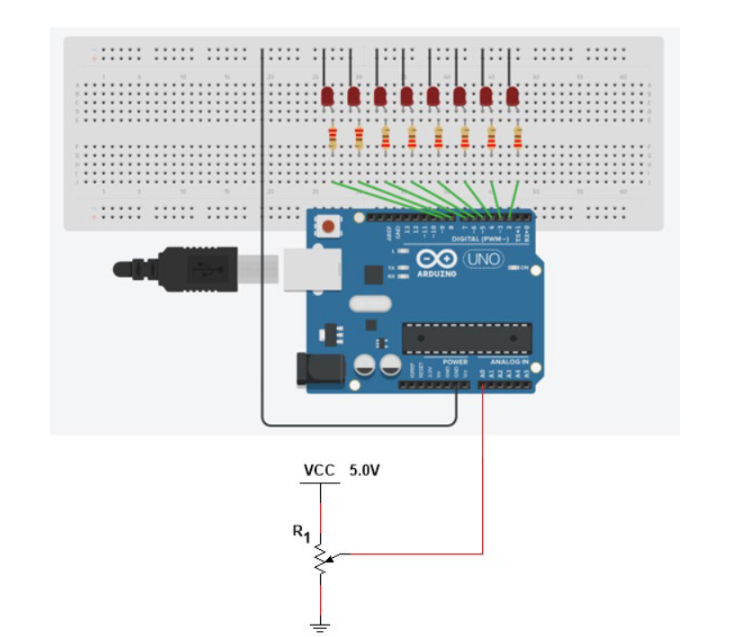 Solved Create an Arduino program that uses the circuit below | Chegg.com