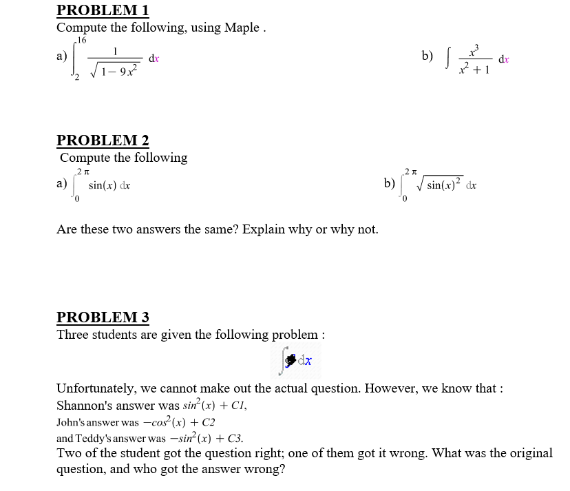 Solved PROBLEM 1 Compute the following, using Maple . 16 a) | Chegg.com