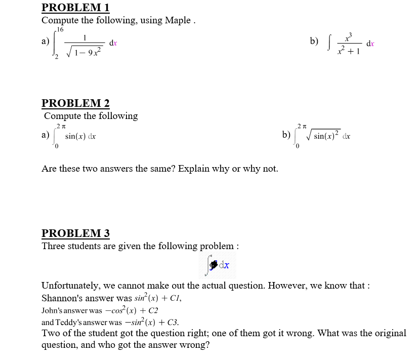 Solved PROBLEM 1 Compute The Following, Using Maple . 16 A) | Chegg.com