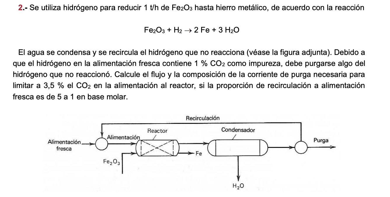 2.- Se utiliza hidrógeno para reducir \( 1 \mathrm{t} / \mathrm{h} \) de \( \mathrm{Fe}_{2} \mathrm{O}_{3} \) hasta hierro me