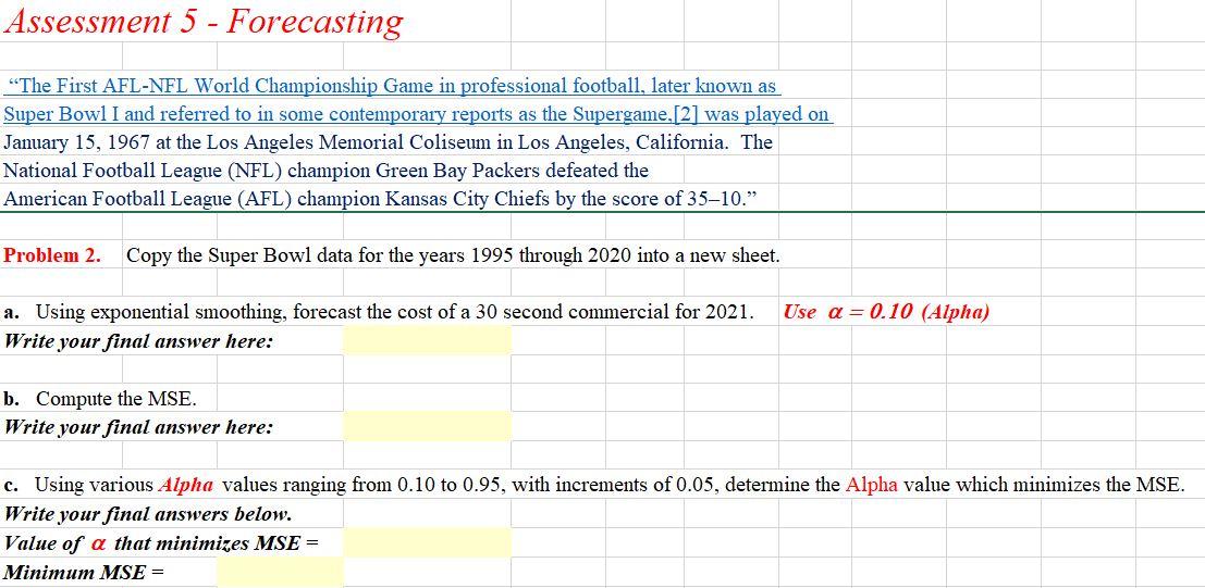 Solved Assessment 5 - Forecasting “The First AFL-NFL World