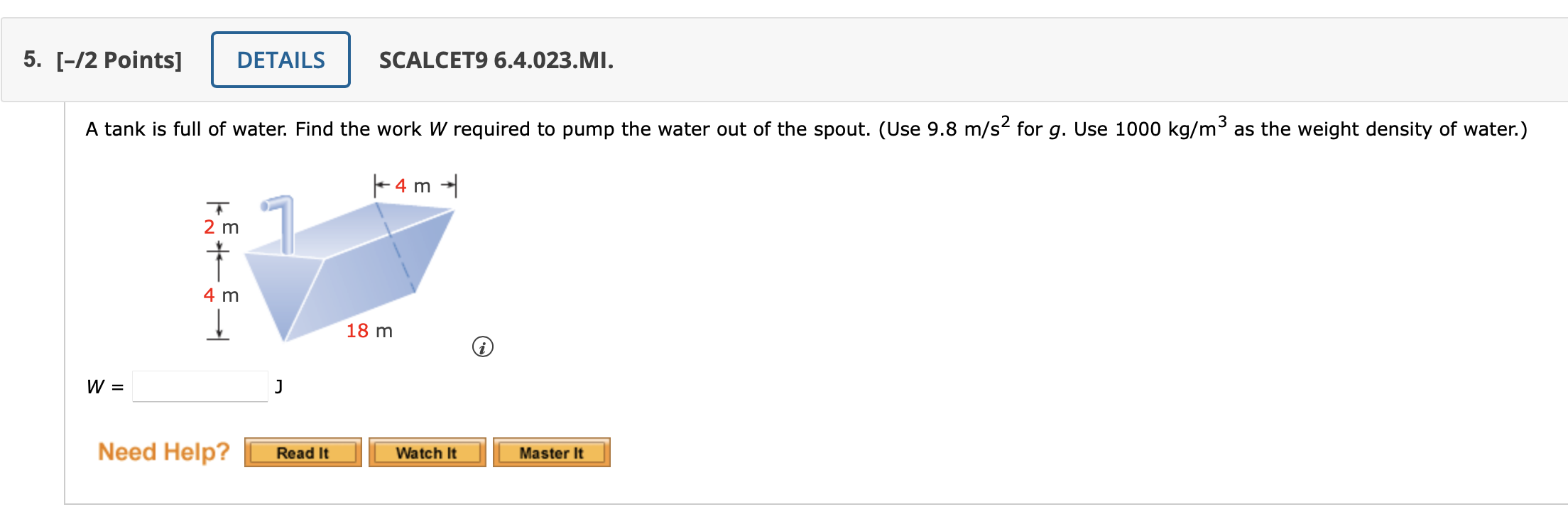 Solved A tank is full of water. Find the work W required to | Chegg.com
