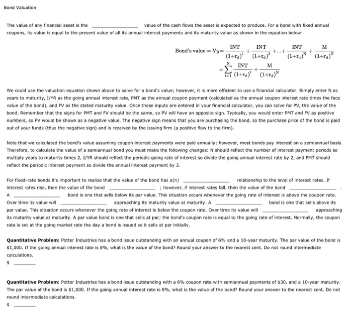 Solved Bond Valuation value of the cash flows the asset is | Chegg.com