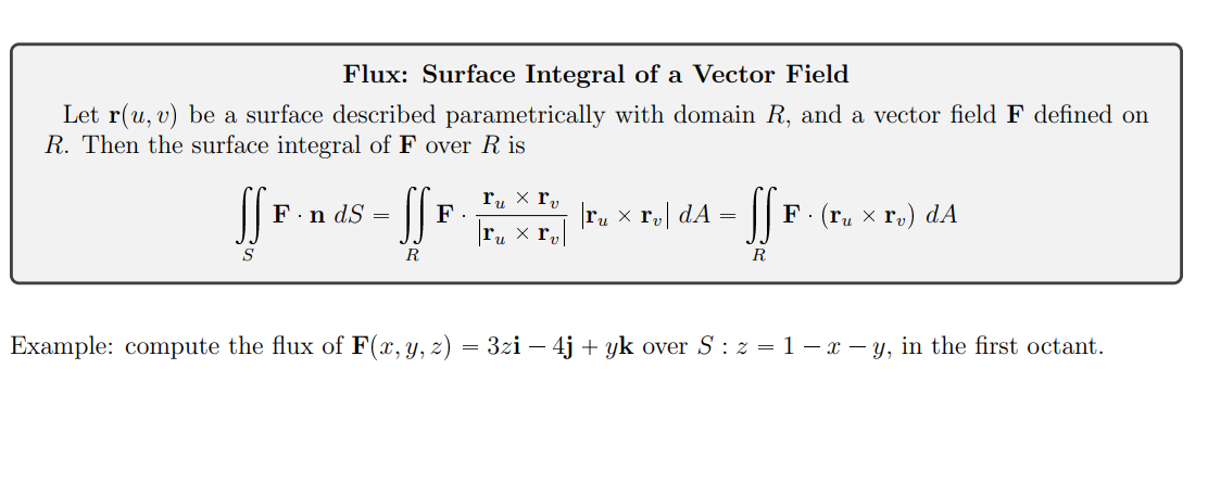 Flux: Surface Integral of a Vector Field
Let \( \mathbf{r}(u, v) \) be a surface described parametrically with domain \( R \)