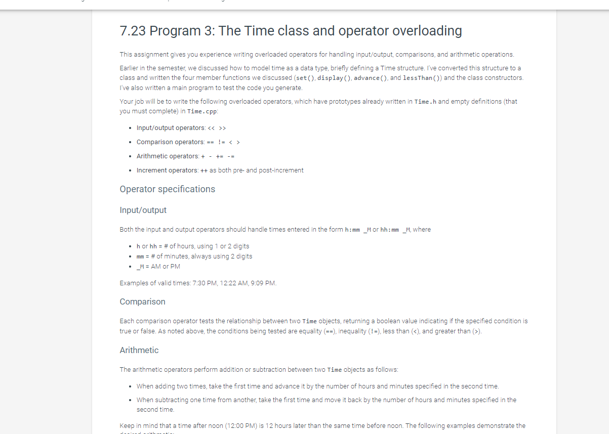 Solved 7.23 Program 3: The Time class and operator | Chegg.com