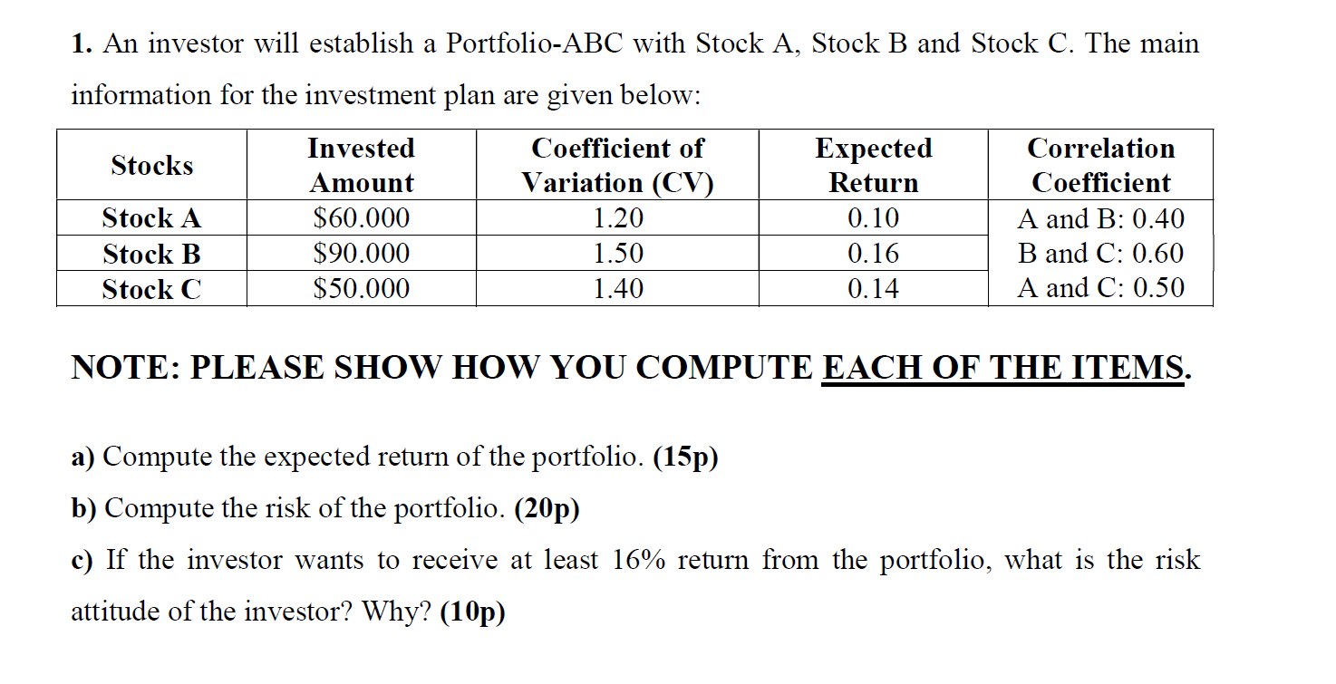 Solved 1. An Investor Will Establish A Portfolio-ABC With | Chegg.com