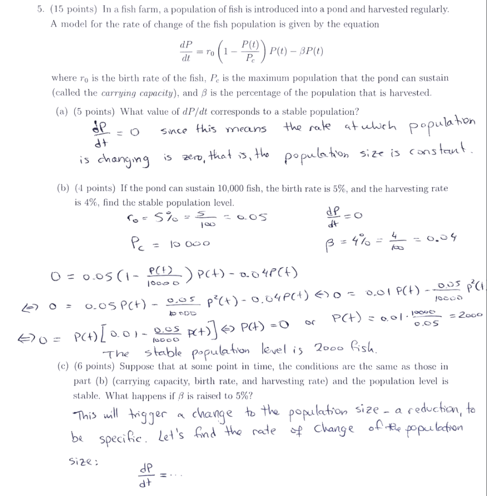 Solved 5. (15 points) In a fish farm, a population of fish | Chegg.com