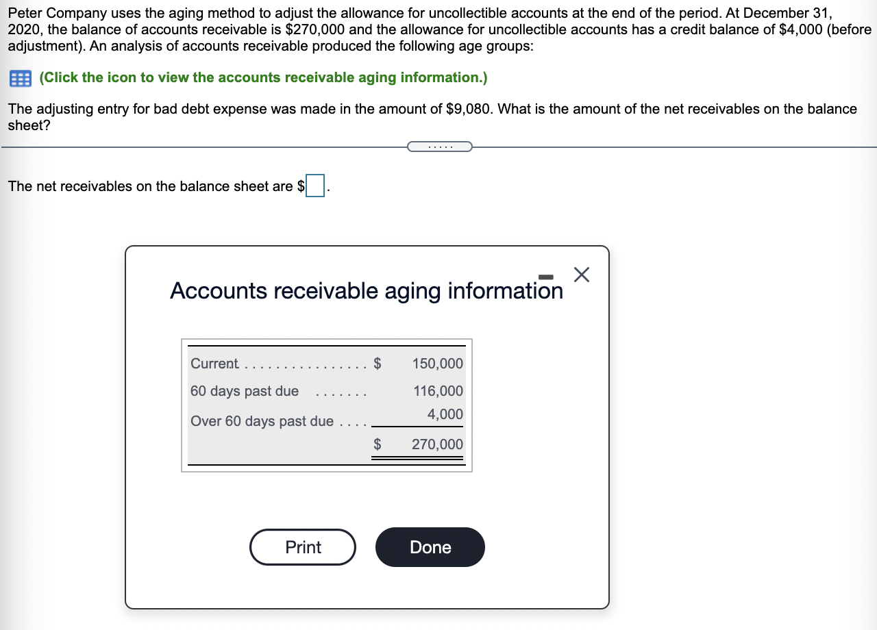 Solved Peter Company uses the aging method to adjust the | Chegg.com
