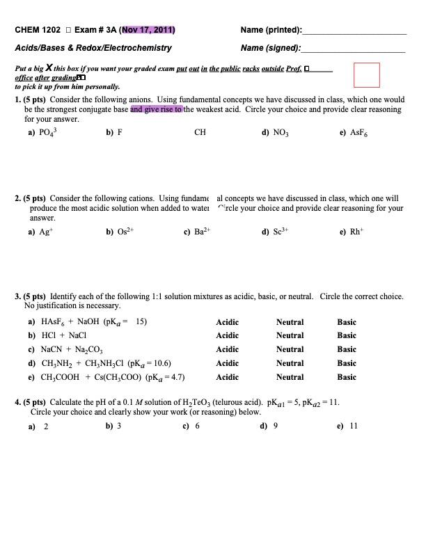 Solved CHEM 1202 Exam \# 3A (Nov 17, 2011) Name (printed): | Chegg.com