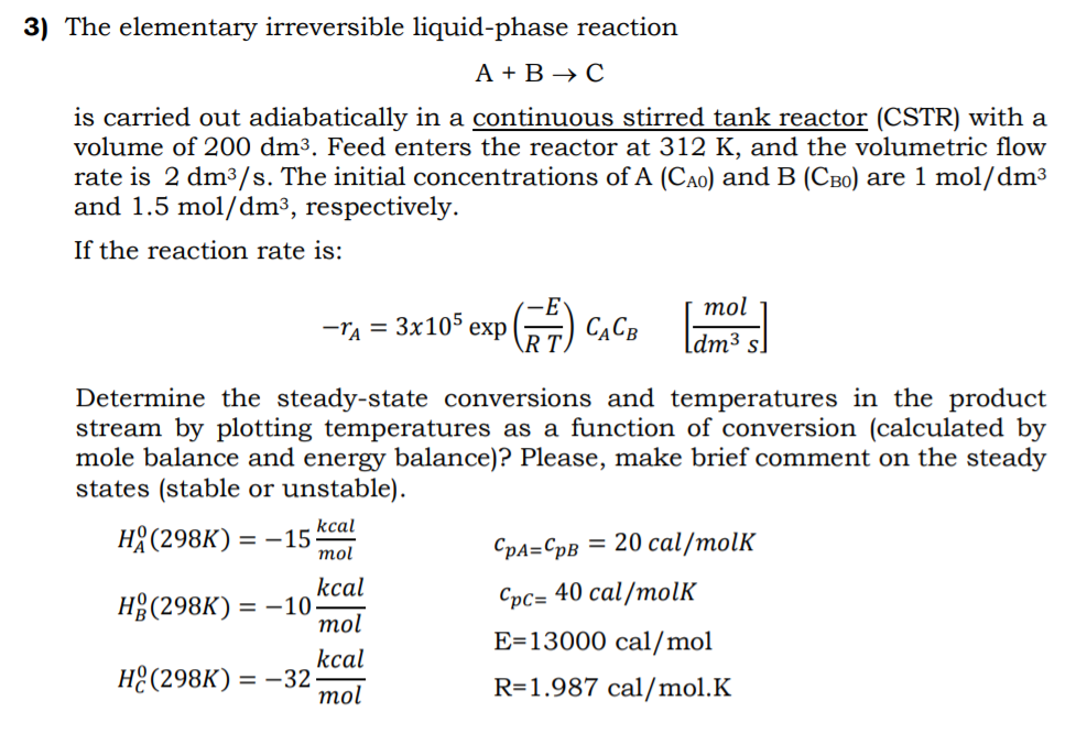 Solved 3) The Elementary Irreversible Liquid-phase Reaction | Chegg.com