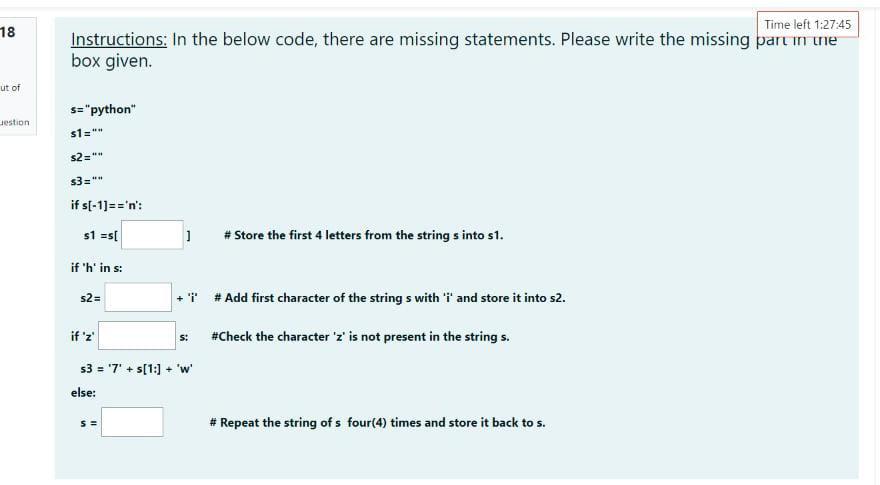 Solved 18 Time left 1:27:45 Instructions: In the below code, | Chegg.com
