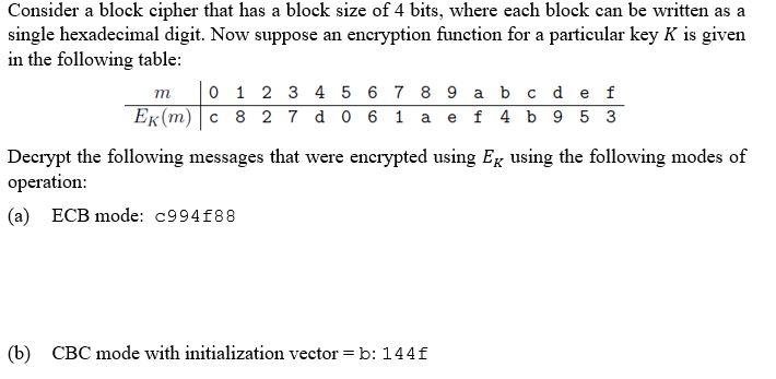 Solved m Consider a block cipher that has a block size of 4 | Chegg.com