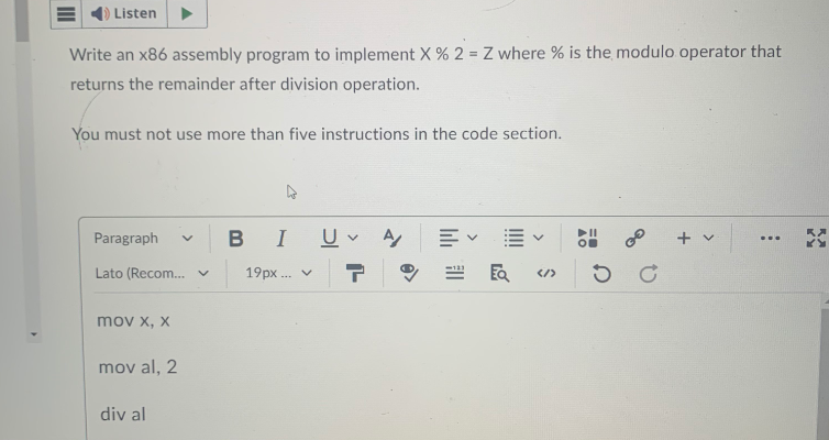 Solved Write an x86 ﻿assembly program to implement x%2=Z | Chegg.com