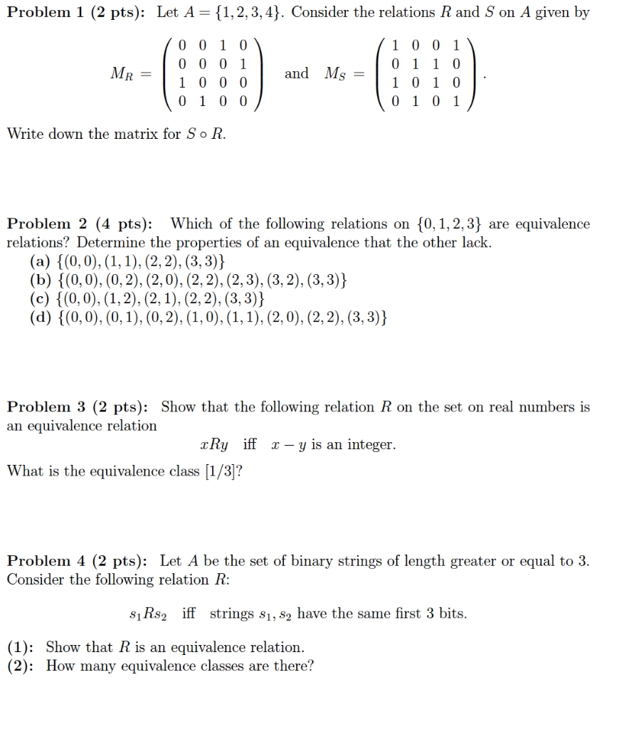 Solved Problem 1 (2 pts): Let A = {1,2,3,4}. Consider the | Chegg.com