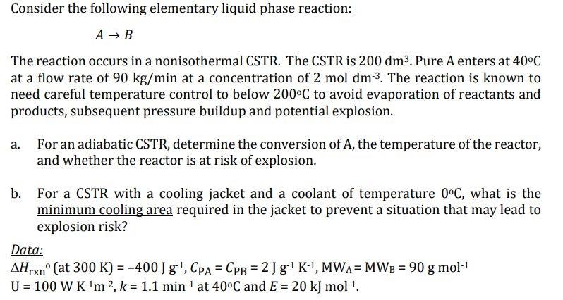 Solved Consider the following elementary liquid phase | Chegg.com