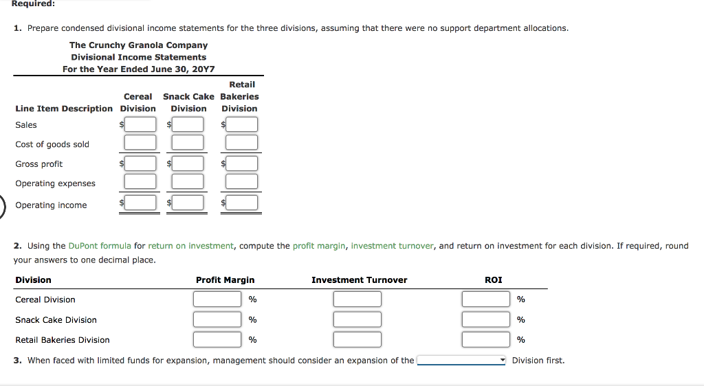 Solved Divisional statements and return on investment