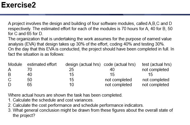 Solved Exercise2 A project involves the design and building | Chegg.com