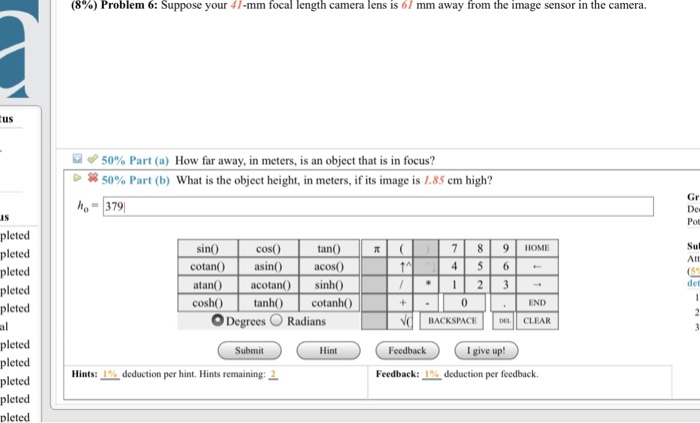 Solved (8%) Problem 6: Suppose your 41-mm focal length | Chegg.com