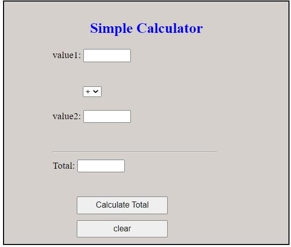 Solved Simple Calculator valuel: value2: Total: Calculate | Chegg.com