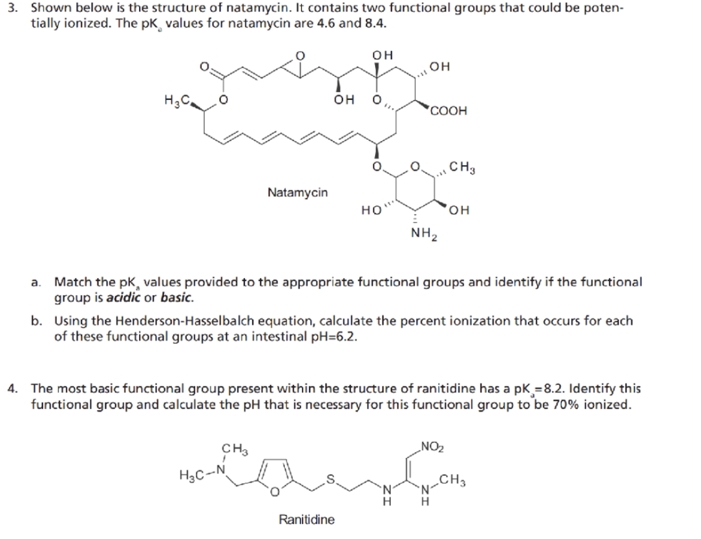 Shown below is the structure of natamycin. It contains two functional groups that could be potentially ionized. The \( \mathr