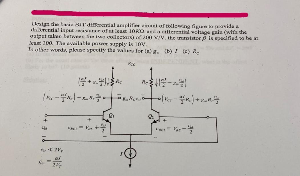 Solved Design The Basic BJT Differential Amplifier Circuit | Chegg.com