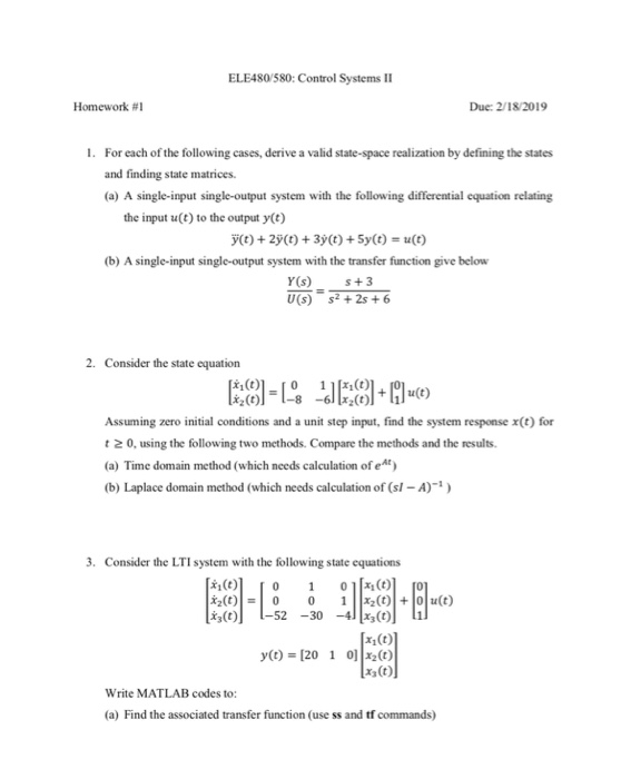 Solved ELE480/580: Control Systems II Homework #1 Due: | Chegg.com