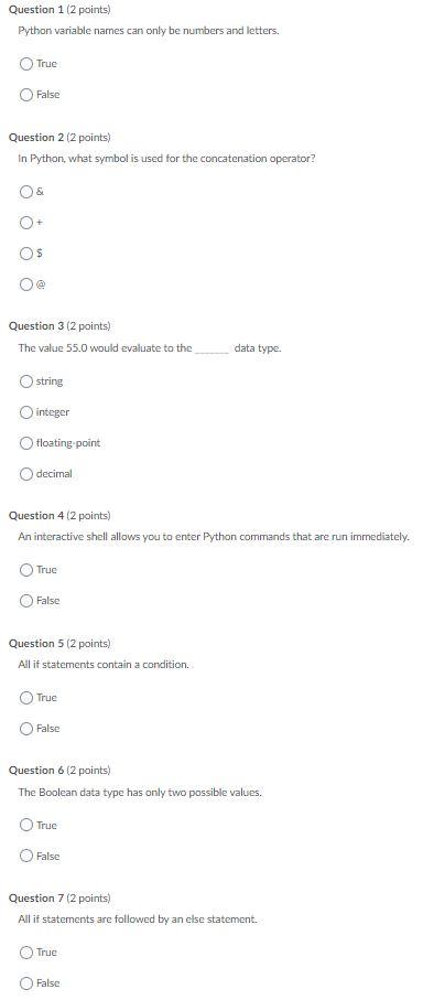 Solved Question 1 (2 points) Python variable names can only | Chegg.com
