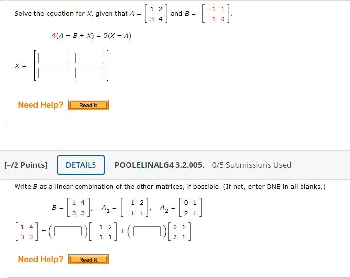 Solved 1 2 -1 Solve the equation for X, given that A = and B | Chegg.com