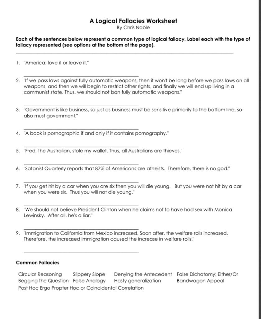 Solved A Logical Fallacies Worksheet By Chris Noble Each of Intended For Logical Fallacies Worksheet With Answers