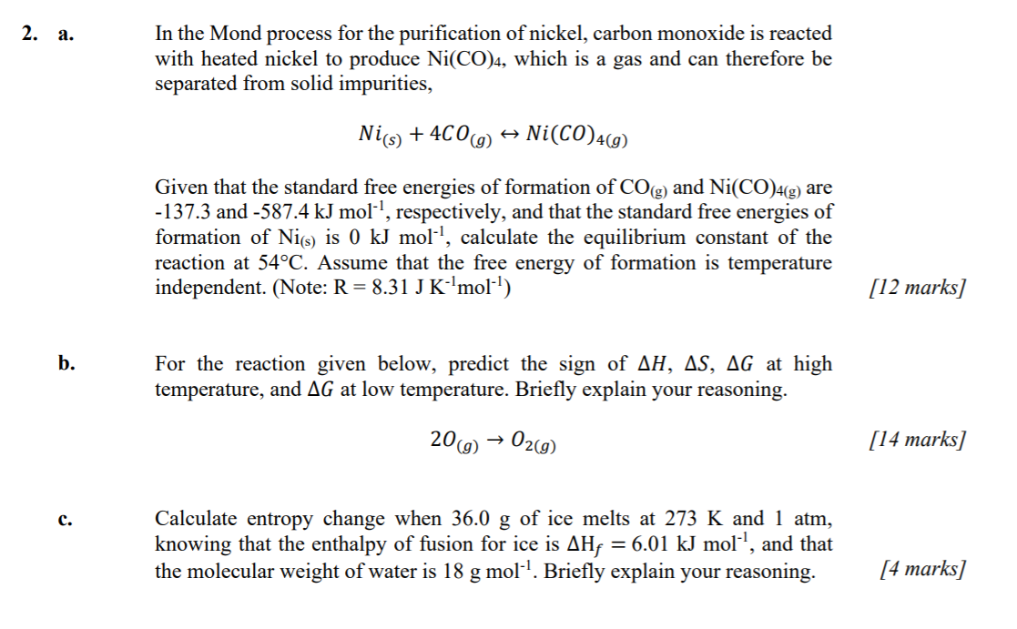 Solved 2. a. In the Mond process for the purification of