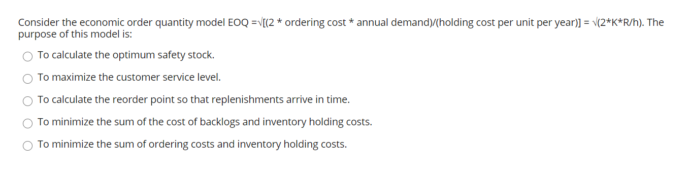 Solved Consider the economic order quantity model EOQ = [(2 | Chegg.com