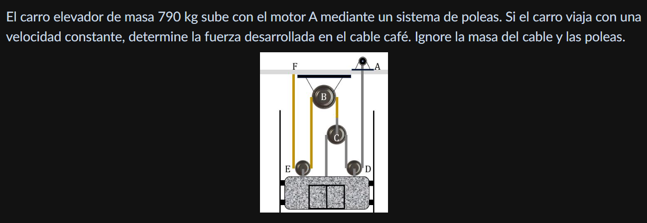 El carro elevador de masa \( 790 \mathrm{~kg} \) sube con el motor A mediante un sistema de poleas. Si el carro viaja con una