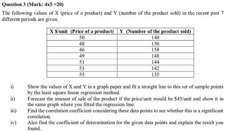 Solved Question 3 (Mark: 4×5=20 ) The following values of X | Chegg.com