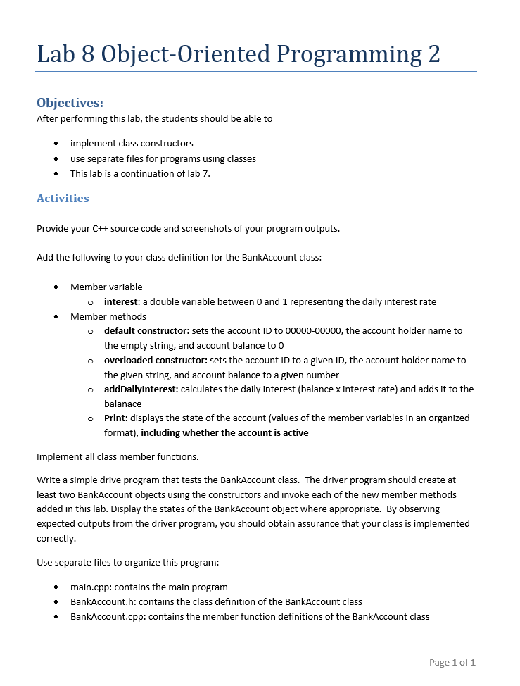 Solved Lab 8 Object-Oriented Programming 2 Objectives: After | Chegg.com