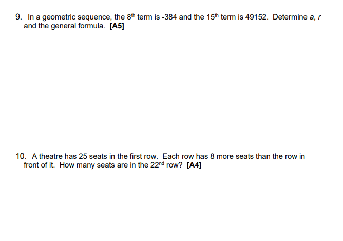 Solved 9. In a geometric sequence the 8th term is 384 and