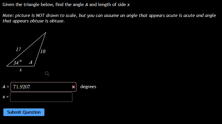Solved Given the triangle below, find the angle A and length | Chegg.com