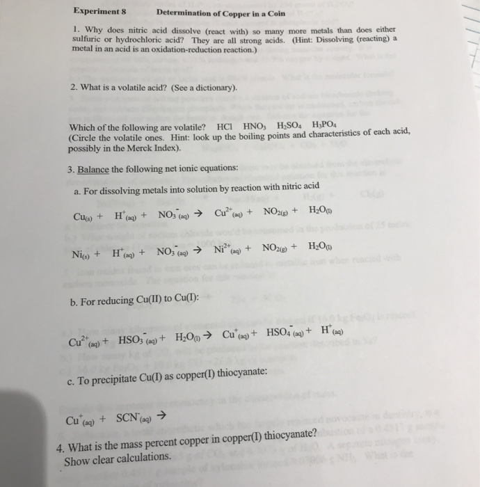 Solved Experiments Determination of Copper in a Coin 1. Why | Chegg.com