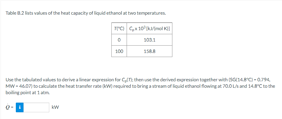 Solved Table B.2 Lists Values Of The Heat Capacity Of Liquid | Chegg.com