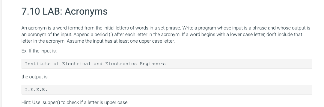 Solved 7.10 LAB: Acronyms An Acronym Is A Word Formed From | Chegg.com