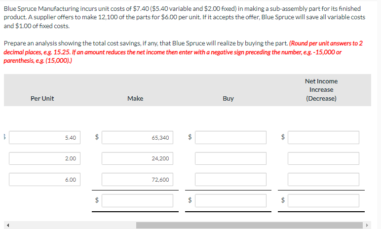 Blue Spruce Manufacturing incurs unit costs of \( \$ 7.40 \) ( \( \$ 5.40 \) variable and \( \$ 2.00 \) fixed) in making a su