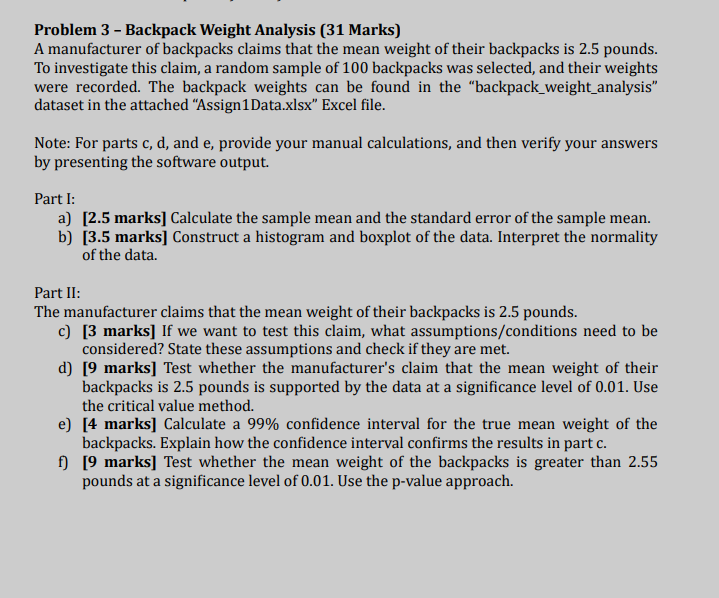 Solved Problem 3 Backpack Weight Analysis (31 Marks) A