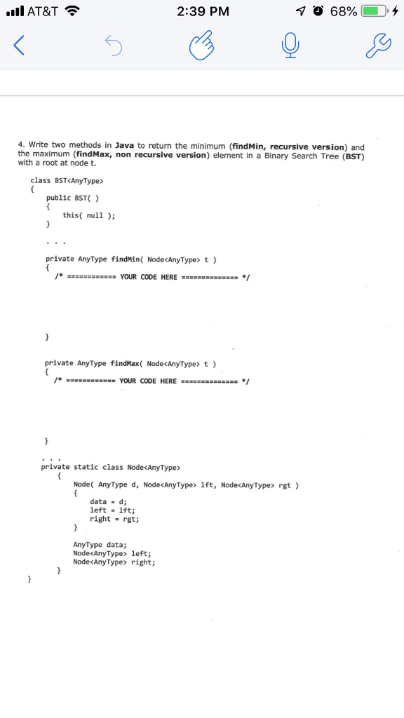 Solved . AT&T 2:39 PM 4. Write two methods in Java to return | Chegg.com